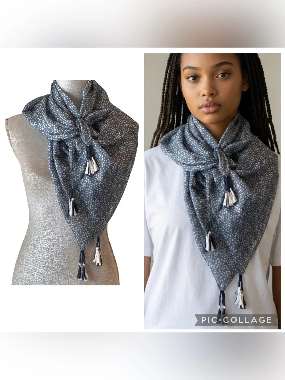 Pom Pom at Home Navy White Silk Geo Print Tassel Square Scarf Wrap 40” OS